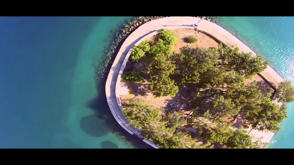 Aerial view of the islet of Lazaretto in Vathy bay, Ithaca