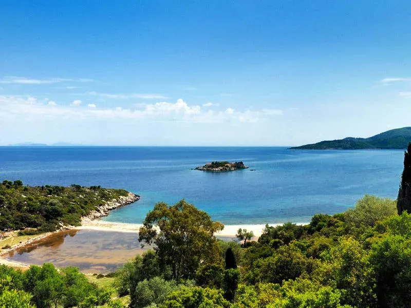Bay with an islet and pine trees, Ithaca