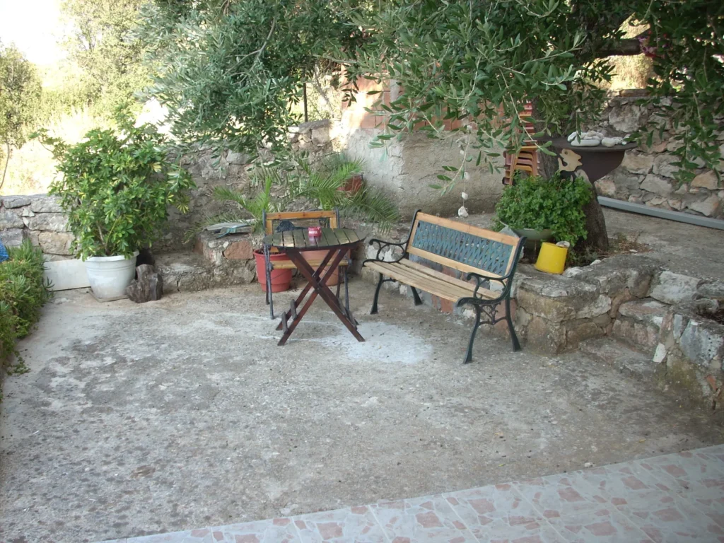 Shaded garden with bench and table