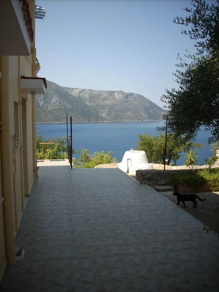 Terrace with sea and mountain view at Olympia House