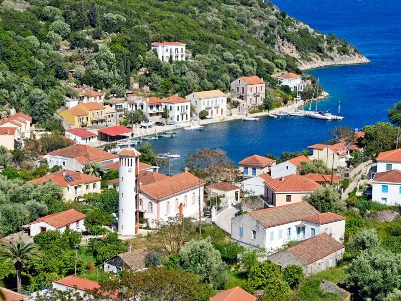Traditional village with a bell tower by the sea, Ithaca